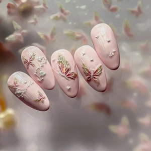 Dreamy light pink shell butterfly nail stickers with 3D relief and shimmering sequins