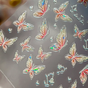 Iridescent 3D butterfly nail art stickers with pearlescent embossed shell texture