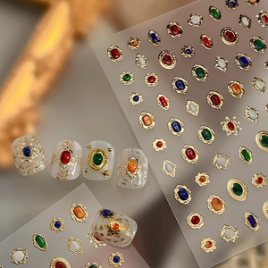 Adesivi per Unghie 3D Gemma Retrò Francese Lussuosi Decalcomanie per Unghie con Bordo Oro a Rilievo per Decorazione Manicure Fai Da Te
