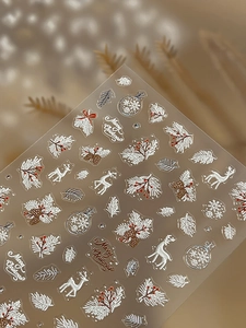 Makroaufnahme von 5D-geprägten Weihnachts-Nagelstickern mit Elch- und Zapfenmotiven