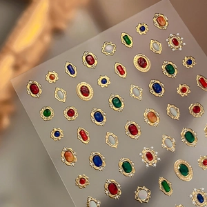 Adesivi per unghie vintage con gemme 3D e bordi dorati in stile retrò ed elegante