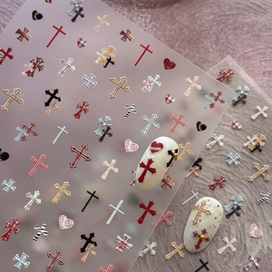 Gothic Cross Heart Nail Art Stickers Relief Plaid 3D Embossed Nail Decals For Women Punk Dark Cool Manicure DIY Decoration