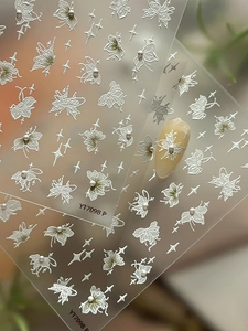 Macro view of 5D embossed butterfly nail stickers with micro pearls and star patterns