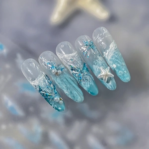 Stickers ongles vagues roses scintillantes avec décorations étoile de mer bleue