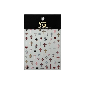 Embossed cross and heart pattern nail art stickers with premium textured tiger stripe finish