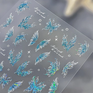 Autocollants à ongles papillon bleu et vagues avec finition laser holographique