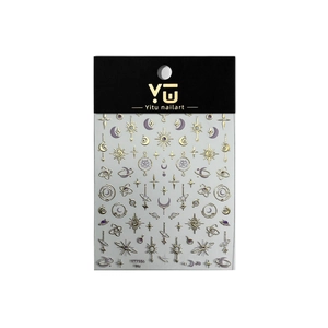 Golden moon and star nail art stickers with celestial galaxy patterns on a white background