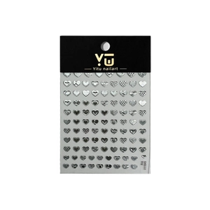 Silver metallic heart nail stickers with textured designs on white background