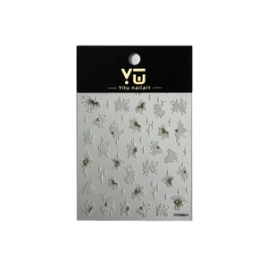 3D relief nail art stickers featuring white embossed butterflies and elegant pearl flowers