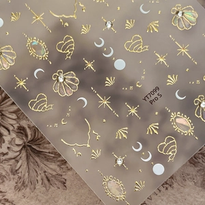 Golden seashell and star rococo nail art stickers YT7099 with holographic crystal details