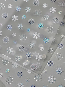 Detailed macro of laser silver snowflake nail art decals with iridescent metallic finish