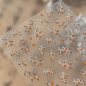 5D embossed nail art stickers featuring winter persimmon and snow on a translucent sheet