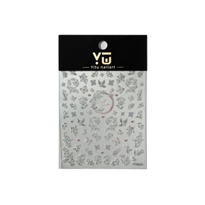 Embossed secret garden nail stickers with floral and butterfly patterns in white and purple