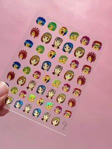 Detail of YT7551 laser nail stickers with funny anime face patterns and holographic finish