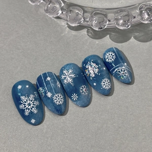 Winter gradient blue nail stickers with white snowflakes and holographic glitter