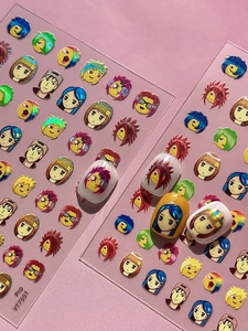 Holographic anime face nail stickers YT7551 showing actual application on nail tips