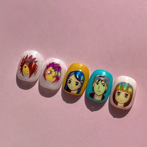 Anime nail art stickers with colorful hand-painted cartoon characters and laser effect