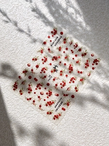 Macro view of YT6152 nail stickers with hand-painted red berries and Chinese calligraphy
