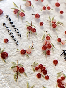 Macro shot of 3D lychee nail art sticker with elegant Chinese calligraphy and texture
