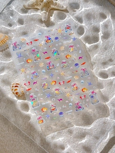 Détails de stickers 3D pour ongles thème océan avec poissons et coquillages sur sable