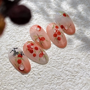 Jelly pink gradient nail stickers with hand-painted lychee patterns and calligraphy