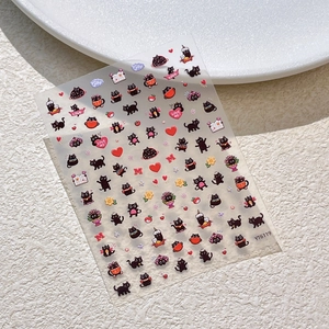 Reliefierte schwarze Katzen Nagelsticker mit süßen roten Herzen und Blumenmustern YT6119