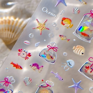 Stickers à ongles 3D océan avec poissons tropicaux, coquillages et effets de méduse laser