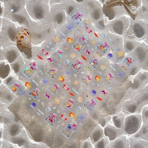 Autocollants nail art océan en relief avec motifs poissons et coquillages sur sable