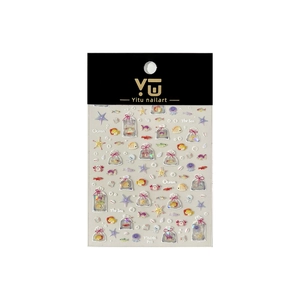 Stickers nail art gaufrés thème océan avec motifs coquillages et poissons sur fond blanc