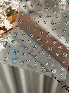 Macro shot of dark blue laser butterfly nail stickers with holographic shimmer effect