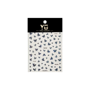 Silver laser blue butterfly nail art stickers with shimmering dark blue patterns