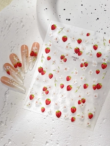 Autocollants 5D pour ongles avec motifs de fraises rouges et petites fleurs blanches