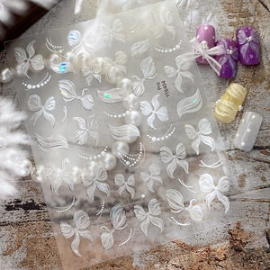 3D Embossed Nail Art Stickers Bowknot Butterfly Artificial Pearl Design Holographic Aurora Laser Nail Decals For Women DIY Decoration