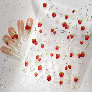 Autocollants d'Art des Ongles en Relief 3D Fraise et Fleur Décoration de Manucure aux Fruits Rouges et Fleurs Blanches pour Femme