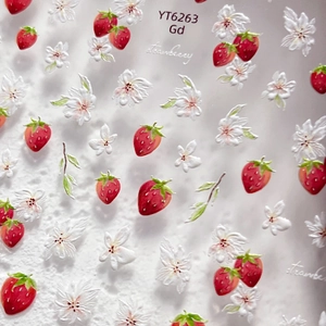 Autocollants d'ongles mignons fraise et fleur blanche avec effet gaufré pour manucure DIY