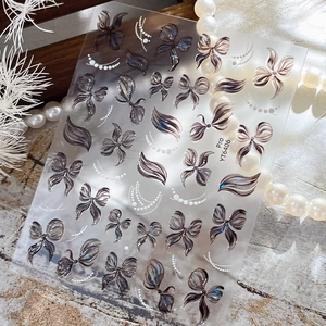 3D shell luster bow nail stickers with pearl chain patterns for elegant manicure designs