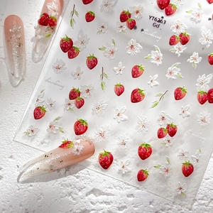 Autocollants 3D pour ongles motif fraises et fleurs blanches pour nail art décoratif
