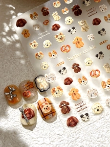 Detailed 3D embossed dog nail art stickers with butter cookie and puppy patterns