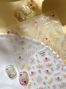 Macro detail of 5D embossed jelly candy nail stickers with iridescent shell texture