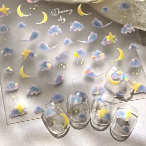 Laser Holographic Nail Art Stickers Dreamy Sky Cloud Moon Star Shell Luster Self Adhesive Decorative Decals For Women