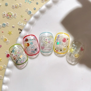 Sweet jelly shell candy nail art stickers with 3D embossed designs and laser stars