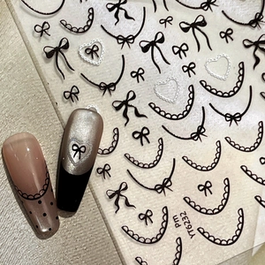 3D French lace nail art stickers with black bows and white hearts for balletcore style