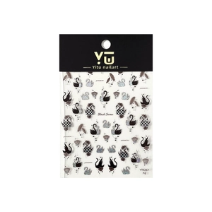 Sparkling black swan nail stickers with silver feather and crown motifs on white background