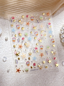 5D embossed gold seashell nail stickers with pearls and starfish detail for nail art