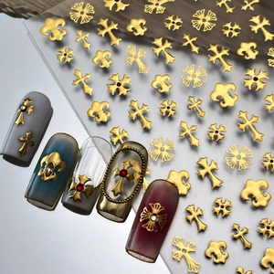 Autocollants d'ongles croix gothique dorée avec strass vintage pour manucure de luxe