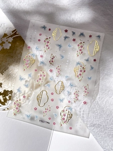 Detail of YT6277 nail art stickers with gold foil butterfly and floral embroidery designs