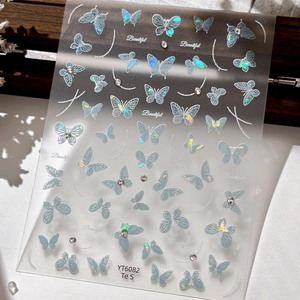 Autocollants nail art papillon holographiques avec strass et finition irisée YT6082