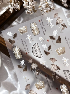 Detail view of embossed white lotus nail stickers with elegant Chinese calligraphy design