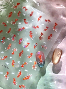 Detail of YT6091 koi fish nail stickers with shimmering 3D laser effect on blue nails