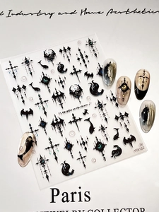 Gothic nail stickers featuring black cats, bats and crosses on various finishes